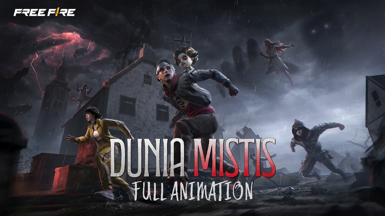 Art resmi Dunia Mistis Full Animation Free Fire Indonesia dengan boneka dan sosok hantu di tengah pertempuran