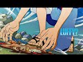 Luffy eats his friend's food that was stepped on the floor