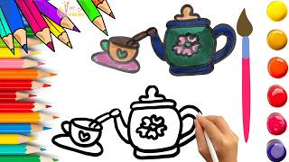 How To Draw cute Kettle &amp; Tea cup Drawing, Painting &amp; Coloring For Kids and Toddlers_ Child Art 🐋🌈🎨