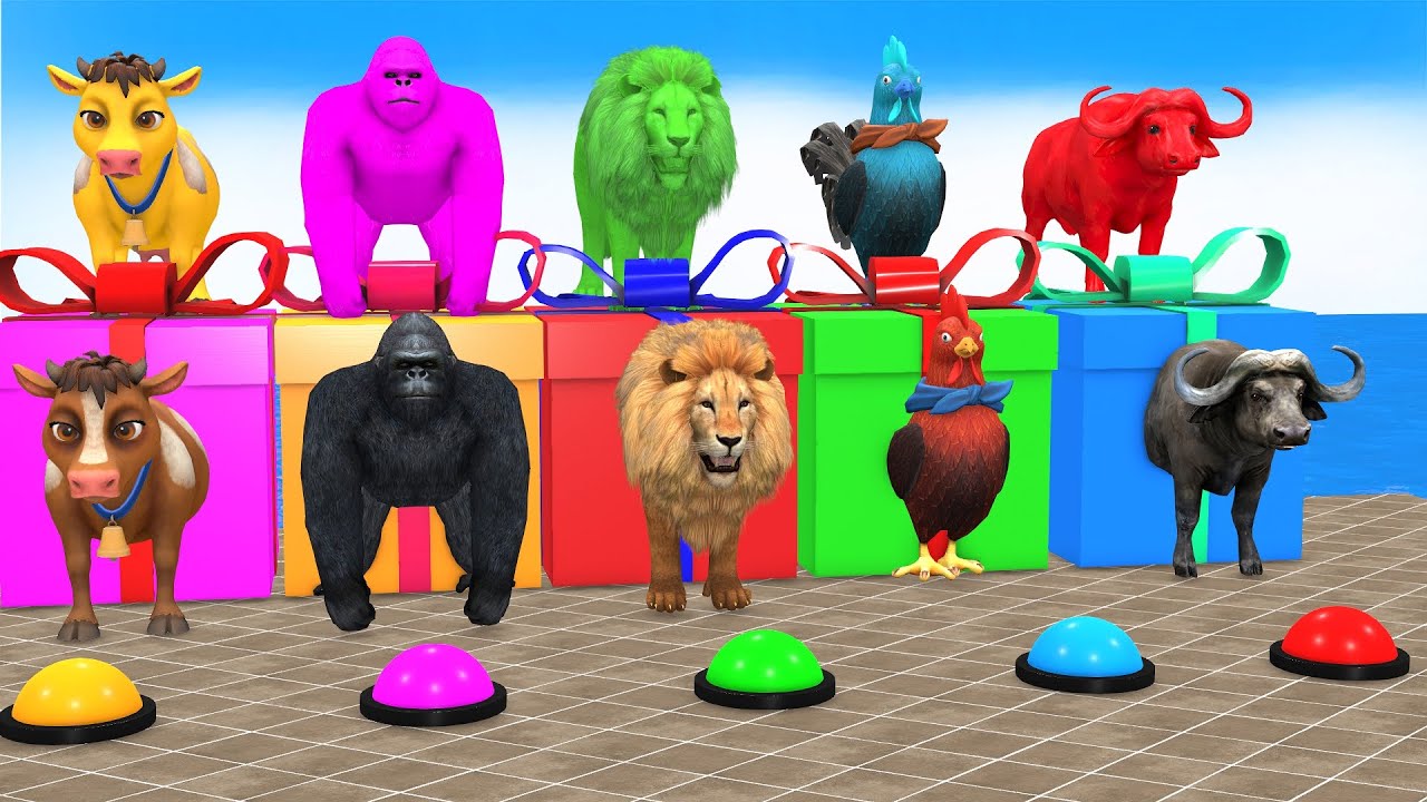 Cartoon Animal Long Slide Fun 😂 | Cow Elephant Tiger