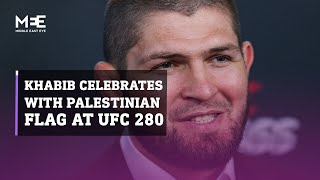 Khabib Nurmagomedov celebrates Belal Muhammad’s UFC win with Palestinian flag