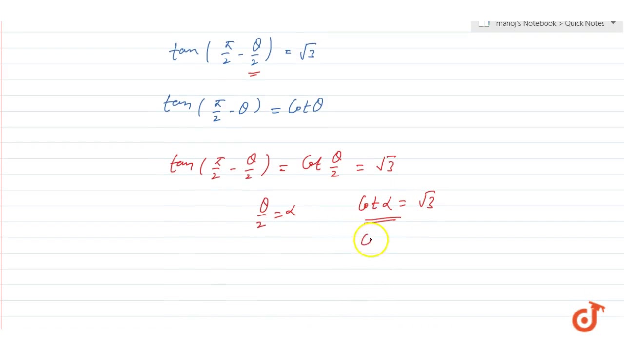 If Tan Pi 2 Theta 2 Sqrt 3 The Value Of Cos Theta Is Youtube