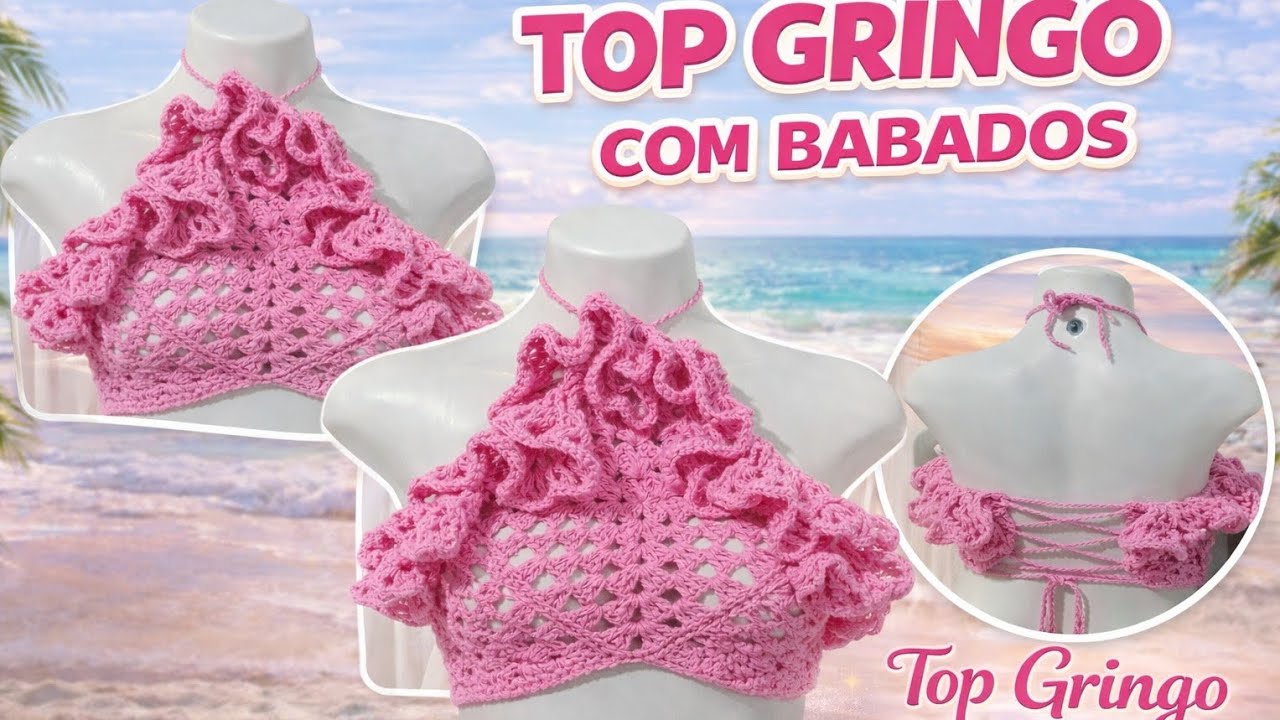 Top de crochê gringo com babados tendência @khally_crochetaria 