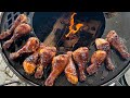 Wood fired chicken drumsticks on the kettle charcoal grill