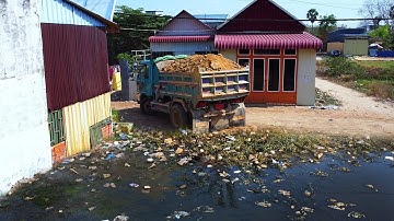 Completed 100% New Project!! Filling Flooded Garbage Pond Use Dozer D20p Pushing Soil & 5ton Truck.