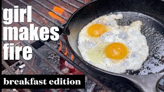 i built a fire and made a cast iron breakfast in the woods | cozy campfire cooking