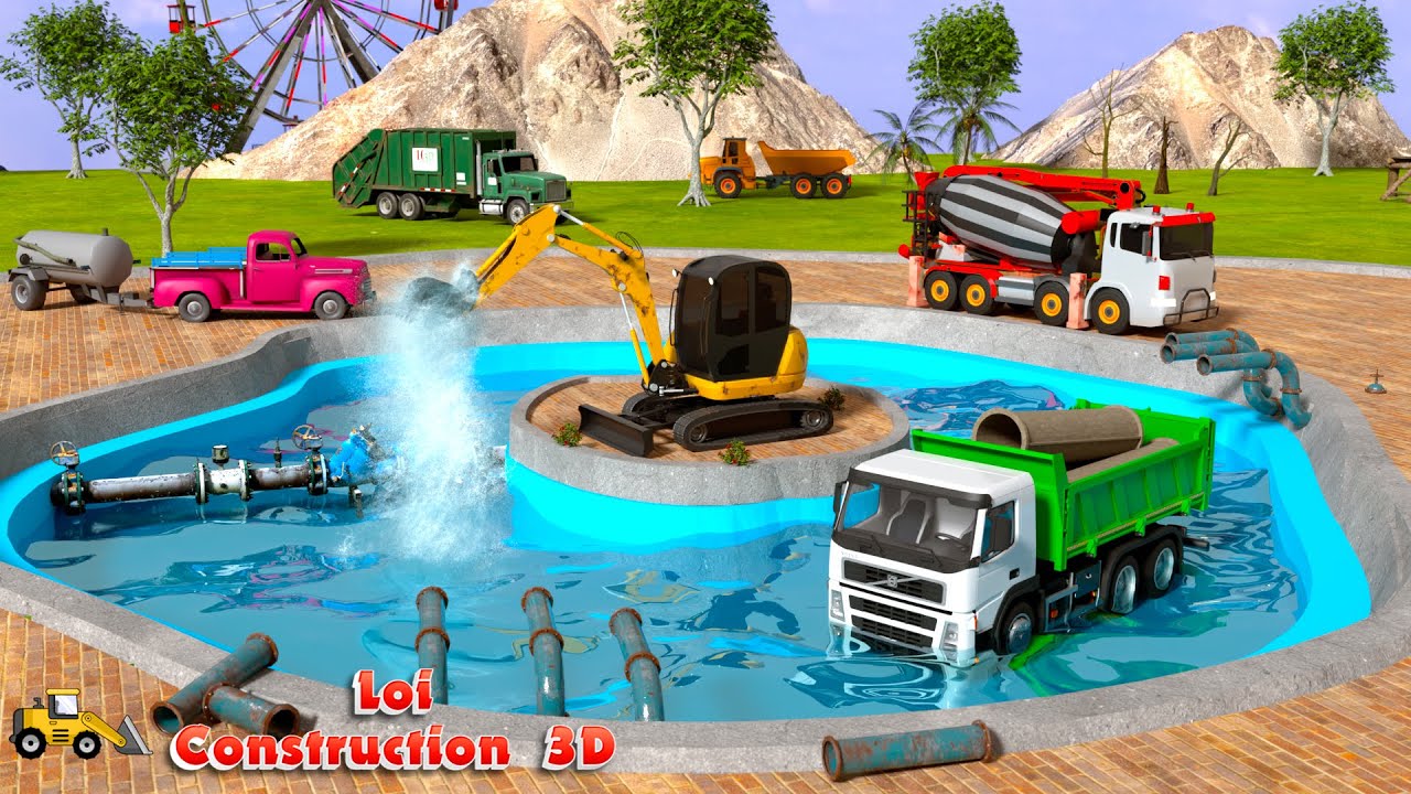 Mini Excavator Fixes Cracked Fountain Pipe with Cement Mixer! 💦🚧 | Construction Simulator