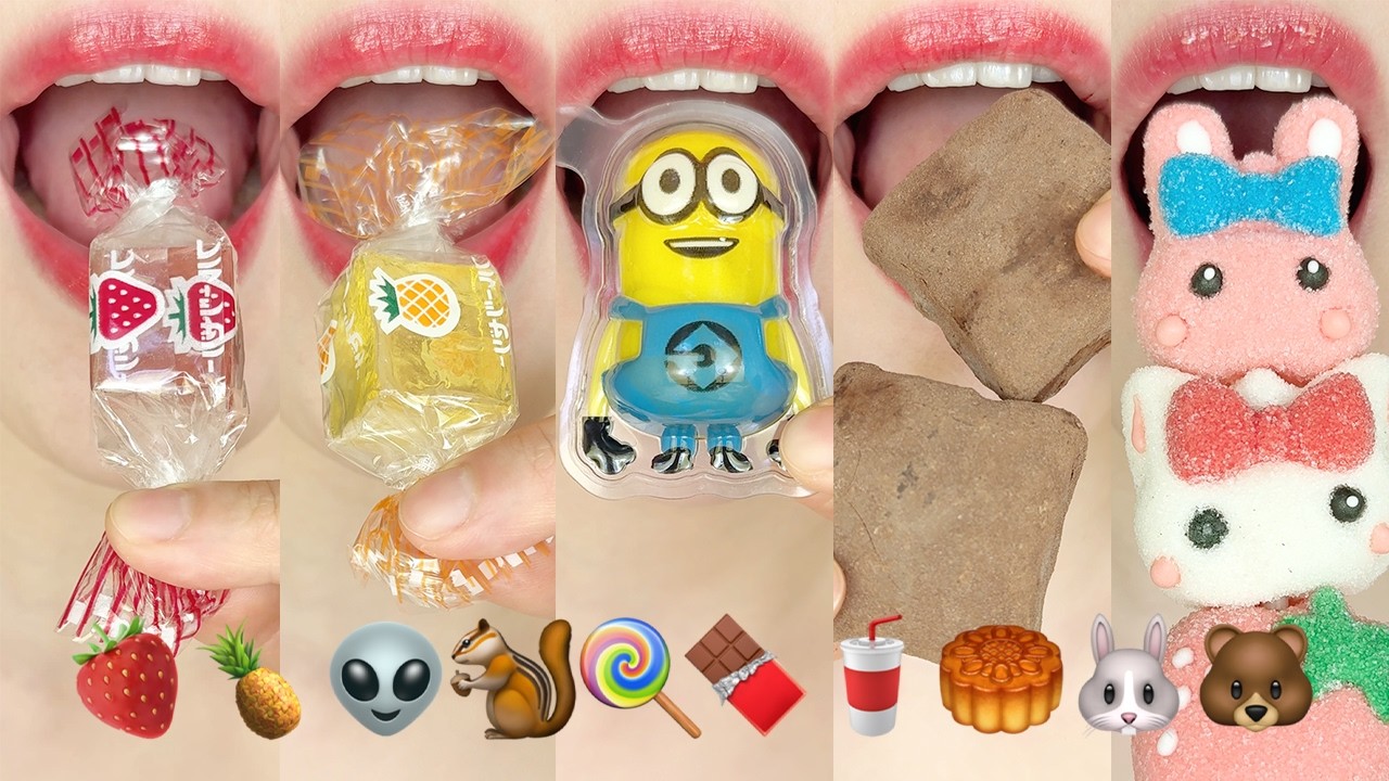 asmr EMOJI FOOD 🍓🍍👽🐿️🍭🍫🥤🥮🐰🐻 이모지 먹방 eating sounds