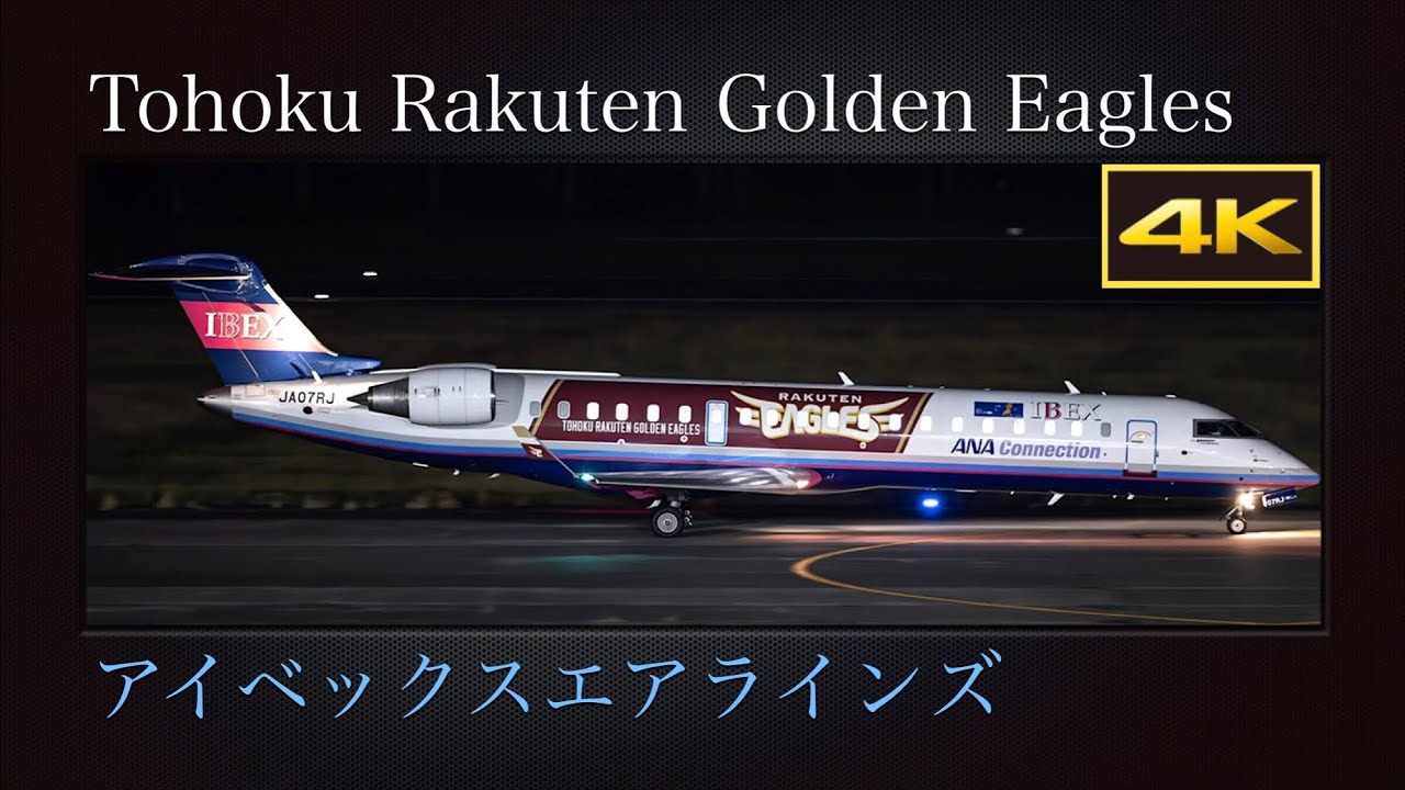 4K 福岡空港を目指し夜の新潟空港を離陸する、特別塗装機(楽天