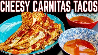 THESE ARE THE BEST AND CHEESIEST CARNITAS TACOS MADE ON THE GRIDDLE! EASY GRIDDLE RECIPE