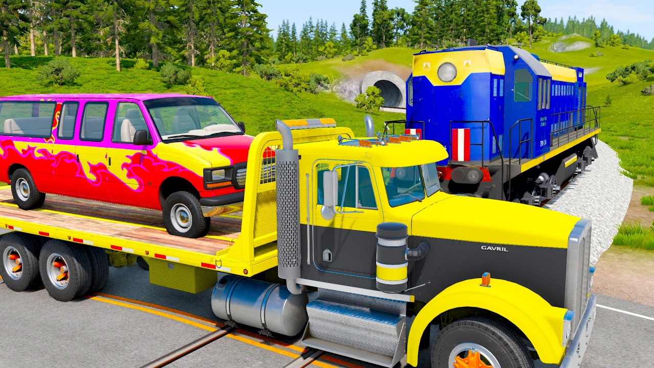 Double Flatbed Trailer Truck vs Speedbumps Train vs Cars | Tractor vs Train Beamng.Drive
