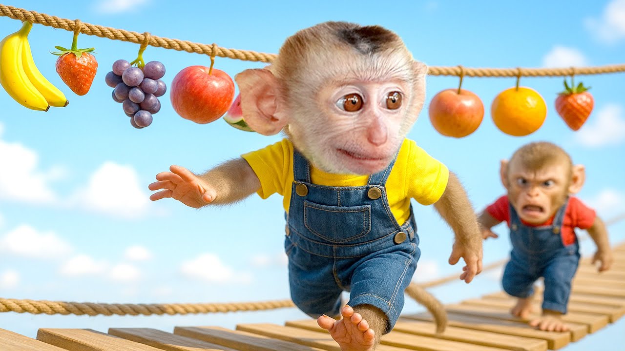⭐ 🐒 Mono Benben desafio en la cuerda por fruta gigante - Mono Benben