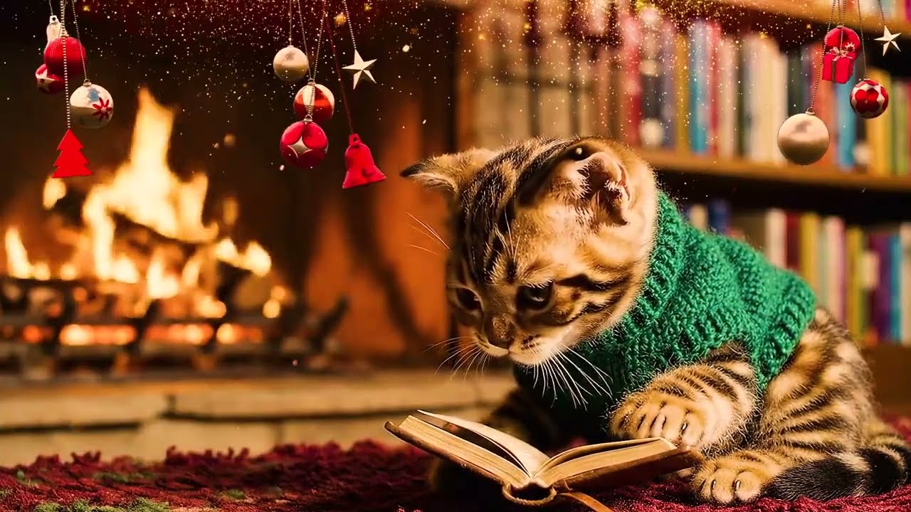 Reading With Kitten by the Christmas Fireplace | Soothing Piano & ASMR at Night for Rest, Relaxation