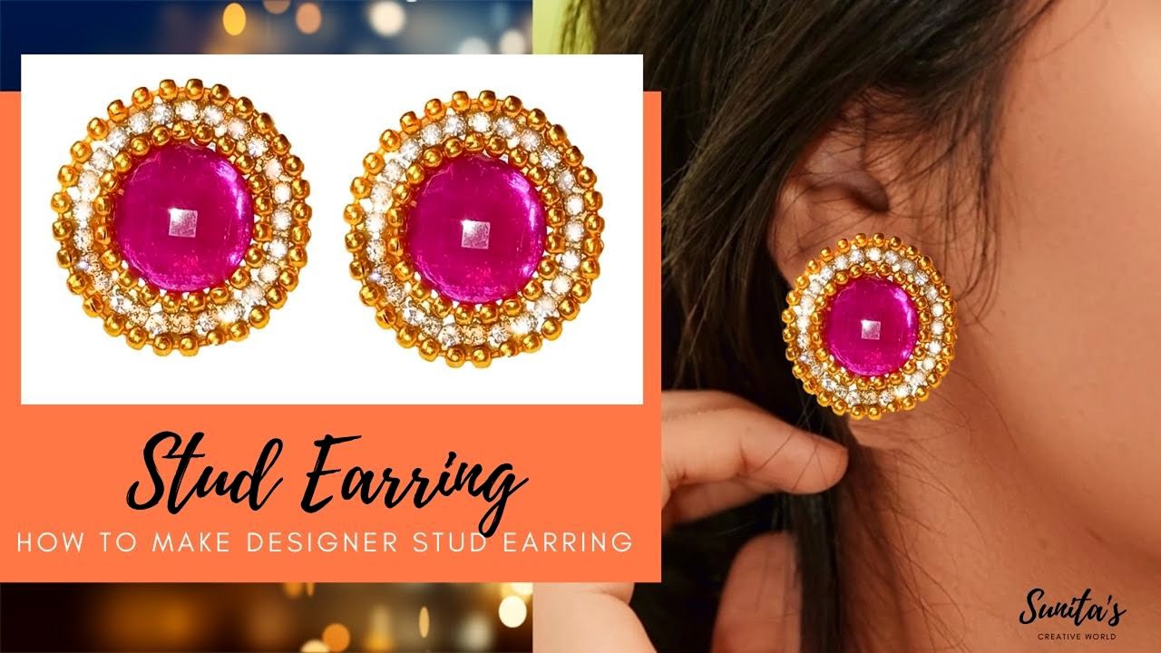 gold floral designer stud earrings