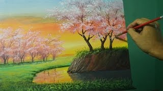 Acrylic Landscape Painting Lesson - Cherry Blossoms on Sunset by JMLisondra