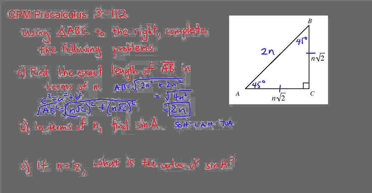 CPM Precalculus 3112 Examining sin and cos of a 45