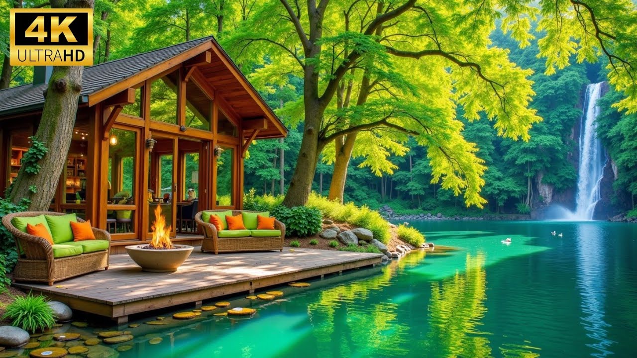 Весенняя атмосфера хижины ASMR Звуки природы Пение птиц Костер Расслабляющий водопад Озеро