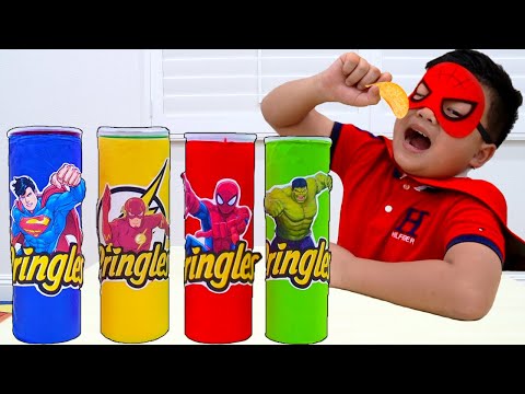 Alex and Eric Pretend Play with Magic Superhero Chips | Kids Food Toys Transforms into Superheroes