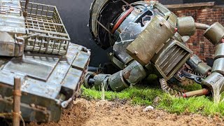 ガンプラの破壊表現の作り方。ザクの頭とタミヤ10式戦車でジオラマ。gunpla military diorama