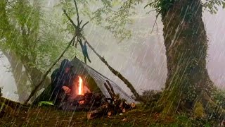 Bushcraft camping in the forest: confrontation between clouds and rain in the forest