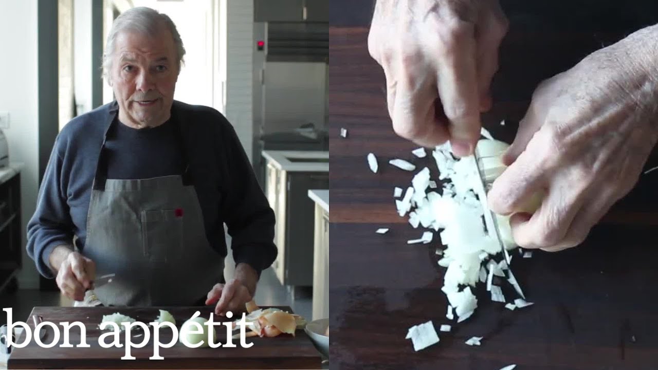 Jacques Ppin Dices an Onion   Bon Apptit