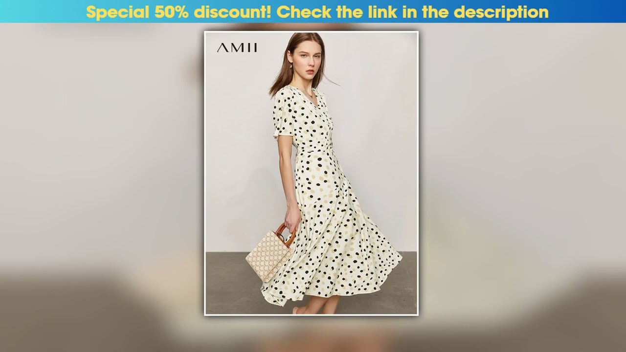 Amii Minimalism Summer New Dress For Women Fashion Dot Printed Vneck Slim Fit Midi Aline Chiffon