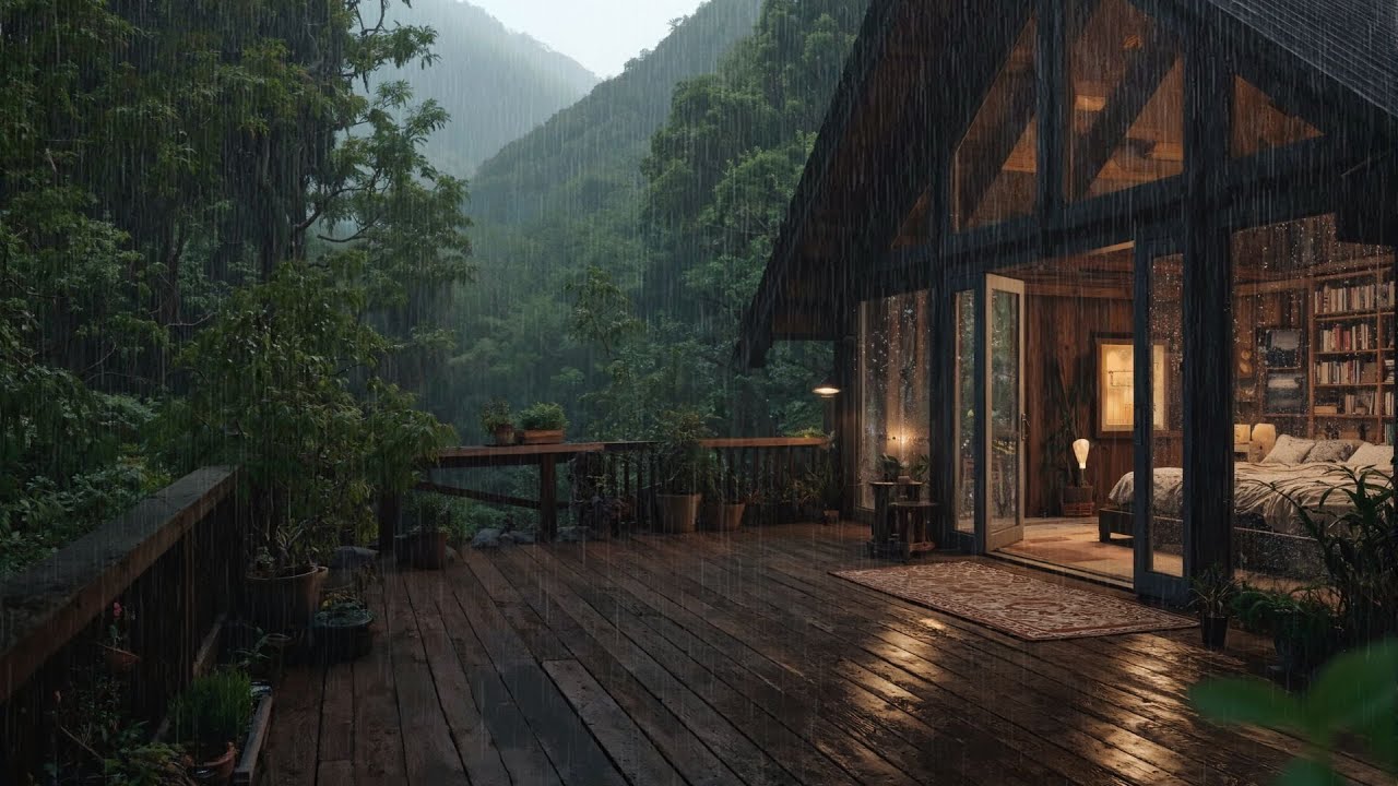 Soft Piano with Night Rain at a Forest Cabin – Dark Sleep Music for Insomnia and Deep Rest