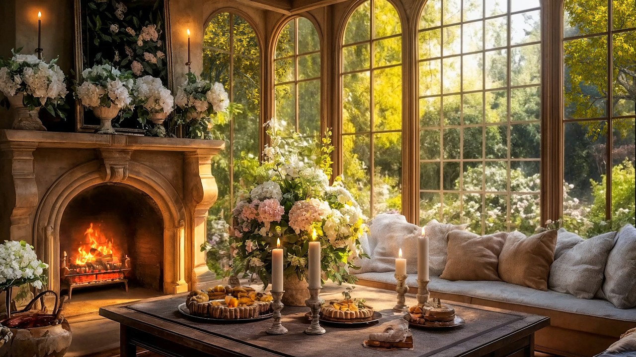 Cozy Fireplace Cottage Ambience ☀️ Sunlit Garden, Candles & Calm Interior Sounds (8 Hours)