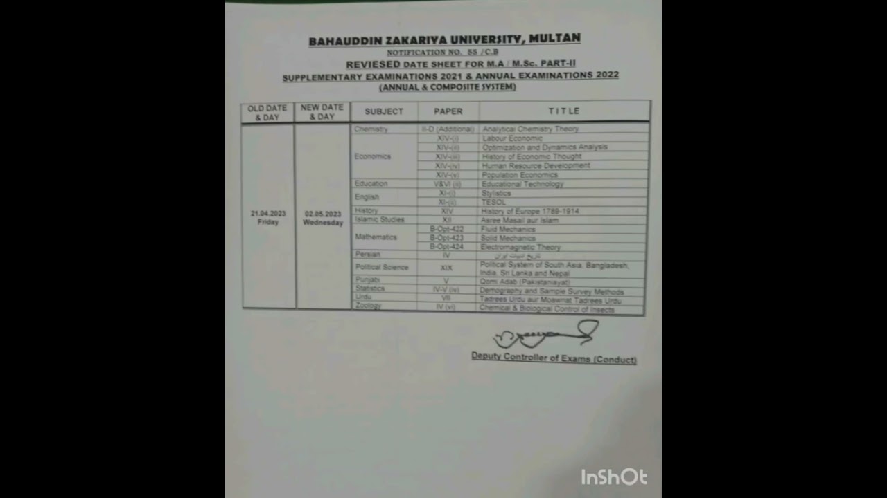 M.A/M.Sc Part II Supplememntary Exam 2021 & 2022  Datesheet