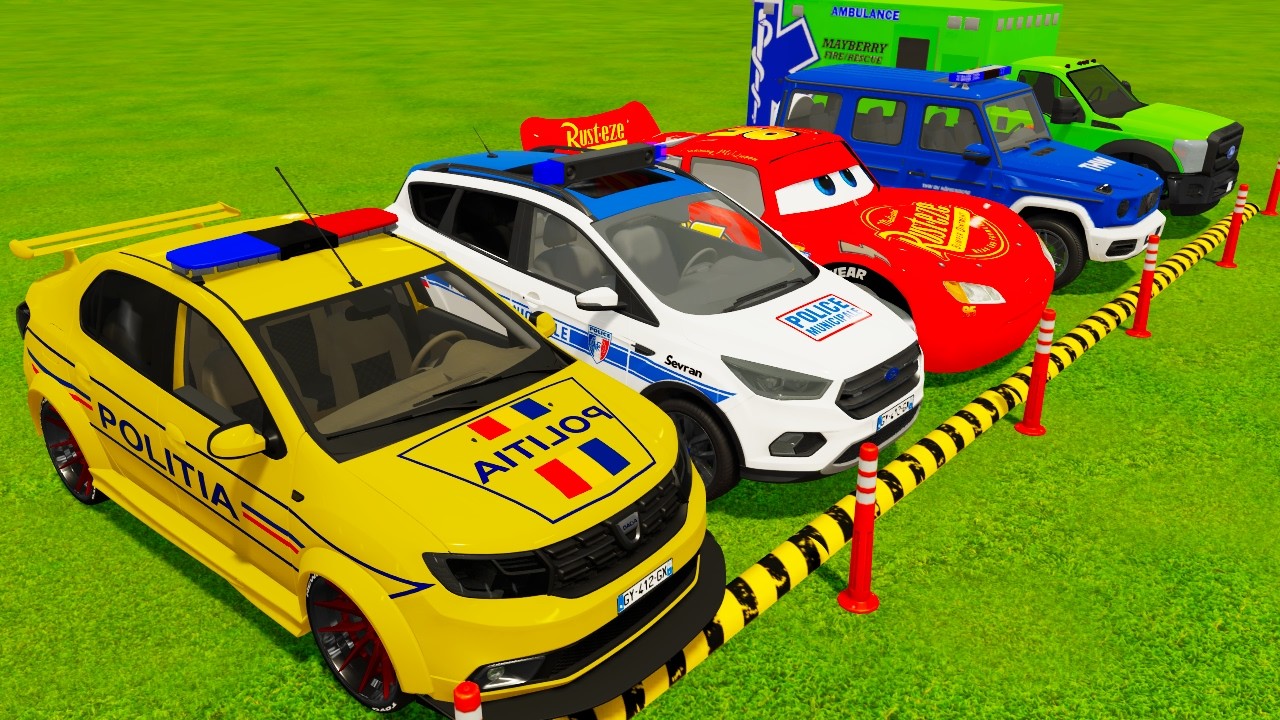 TRANSPORTING POLICE DACIA LOGAN FORD MCUEEN MERCEDES AMBULANCE VEHICLE ON MAN TRUCKS