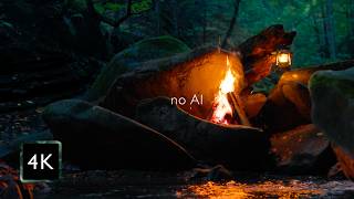 Campfire hidden among Giant Ancient Rocks — Deep Forest River | Night Owls & Soothing Nature (4K)
