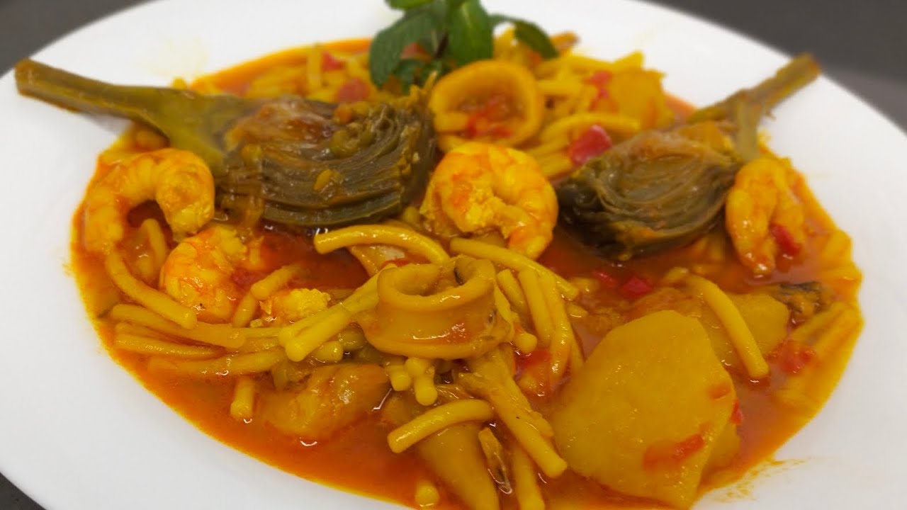 Cazuela de fideos con calamares y alcachofa/Fideos con calamares y gambas