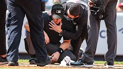Plate umpire Nick Mahrley exits game between Rockies and Yankees after broken bat hits his neck thumbnail