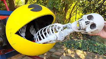 Skeleton vs Real Life PacMan Shredder