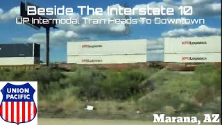 UP 8664 Intermodal Train Heading North Toward Downtown Beside Highway, Marana, AZ