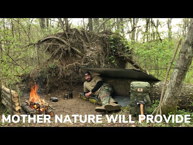 Solo Overnight Using an Uprooted Tree and Campfire Triple Bacon Grilled Cheese Sandwich class=