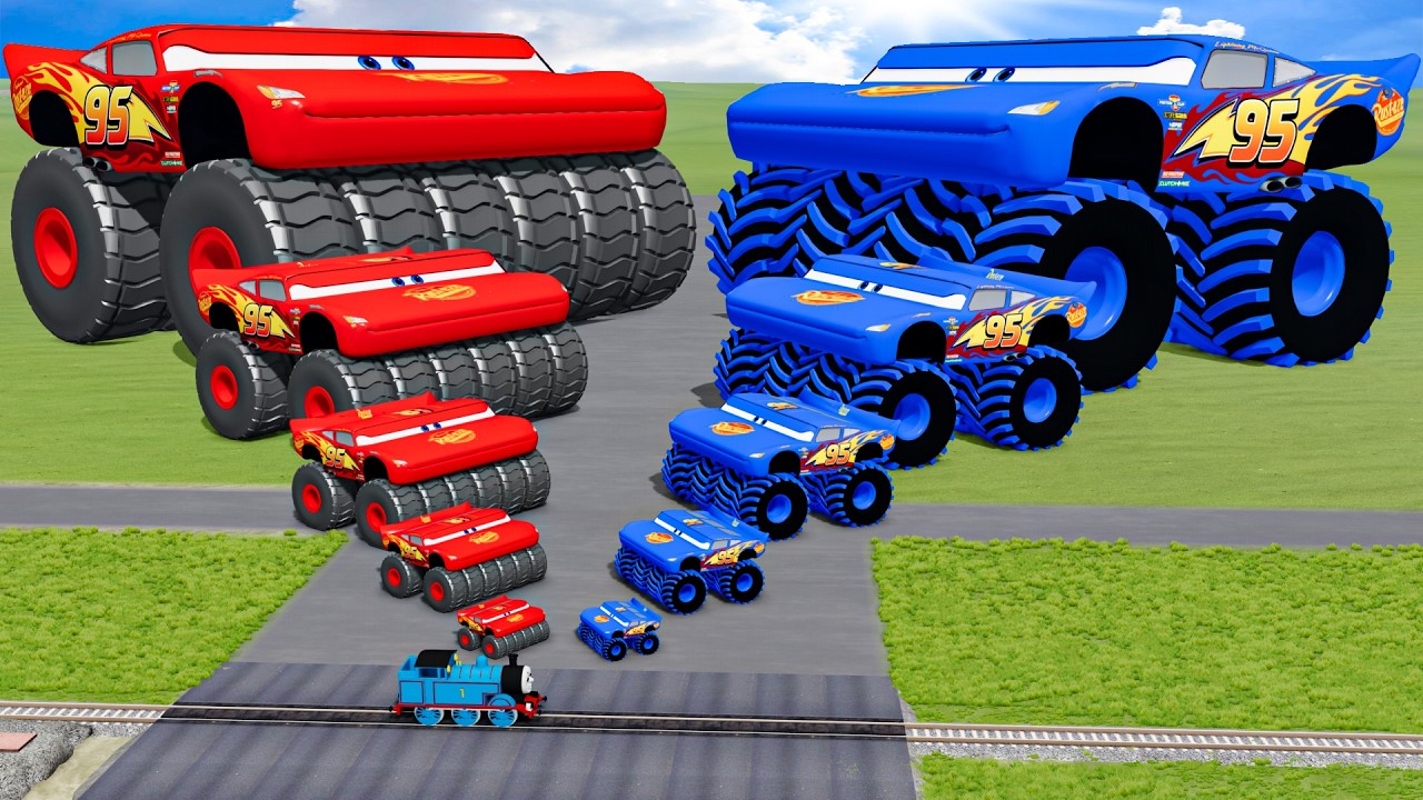 Big & Small Wide Mcqueen Monster Truck vs Wide Mcqueen with Saw Wheels ...
