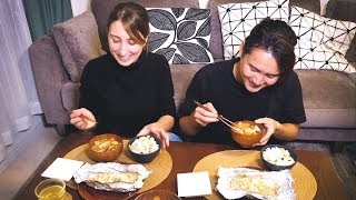 Осенняя японская кухня в тихий будний день. Сладкая картошка, лосось и японские приправы Осенняя японская кухня в тихий будний день. Сладкая картошка, лосось и японские приправы