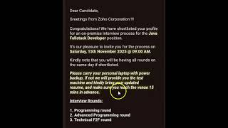 Zoho Full Stack Developer Interview Mail Received |Interview Rounds | Zoho Interview |Java Developer