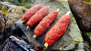 Beef Kebabs Cooked on Stones, ASMR Outdoor Cooking