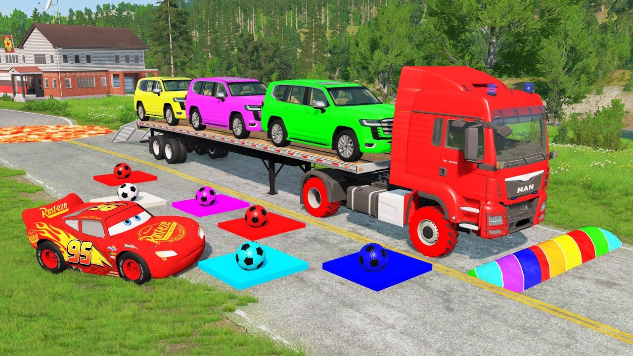 Flatbed Truck McQueen | Transportation with Truck - Pothole vs Car #59 | BeamNG.Drive Gameplay