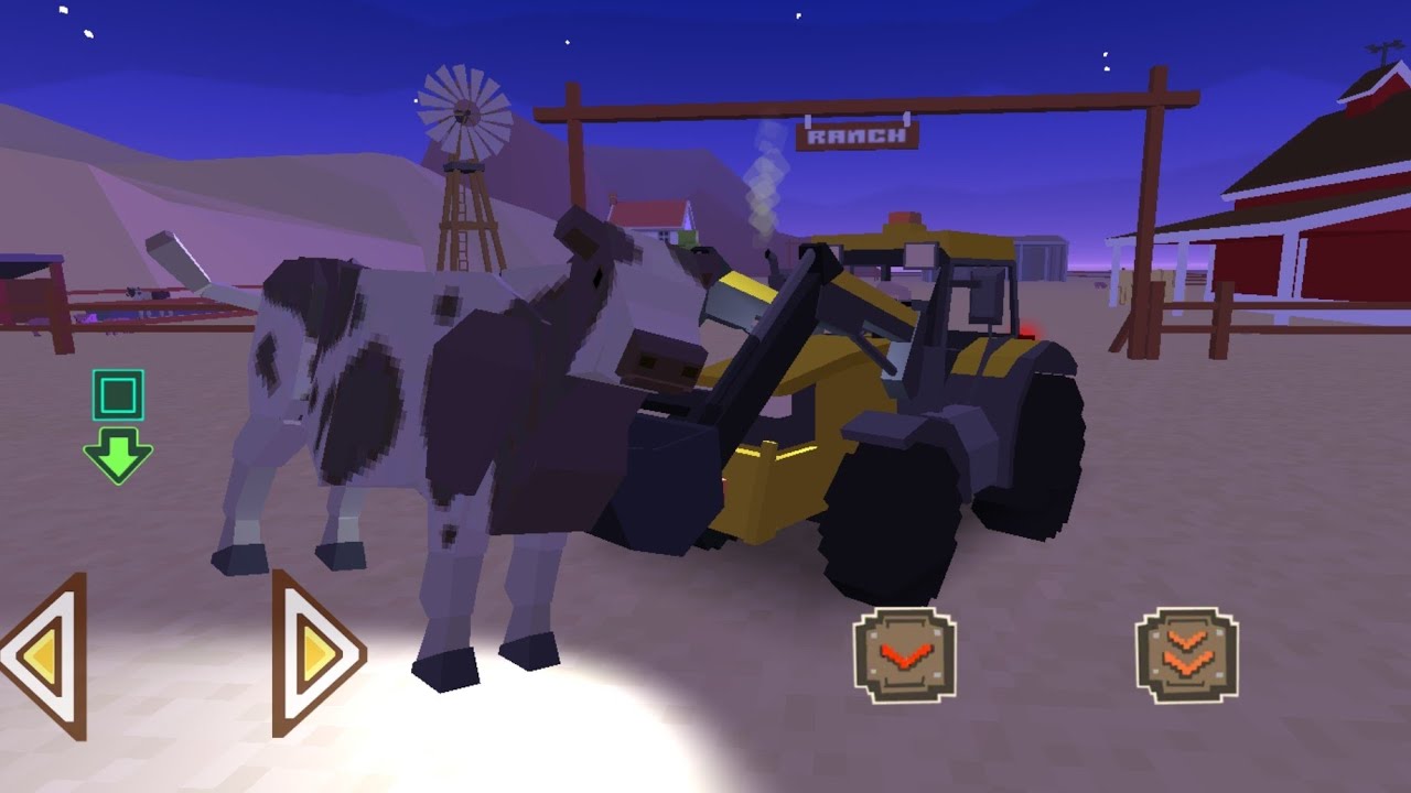 How to steal a cow using backhoe machinery - Blocky Farming and Racing Simulator 4K game play
