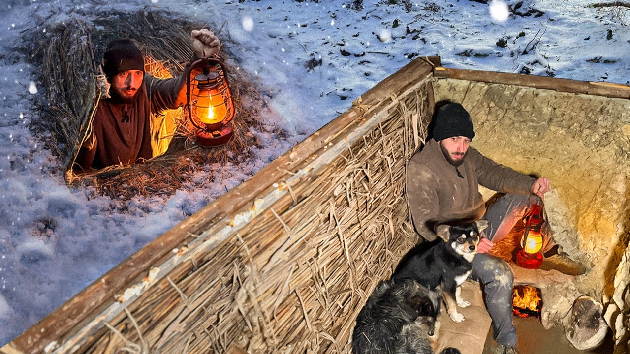 Building a Warm and Secret Shelter with a Heated Stone Bed | Dugout, Winter Survival, Bushcraft