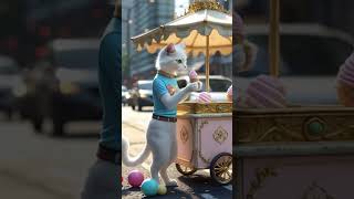 "Majestic White Cat Ice Cream Vendor with Pink Cart – Cute and Stylish Street Scene"