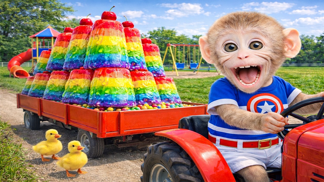 O macaco Cherry e a aventura de fazer sorvete colorido arco-íris e saborear um delicioso sorvete