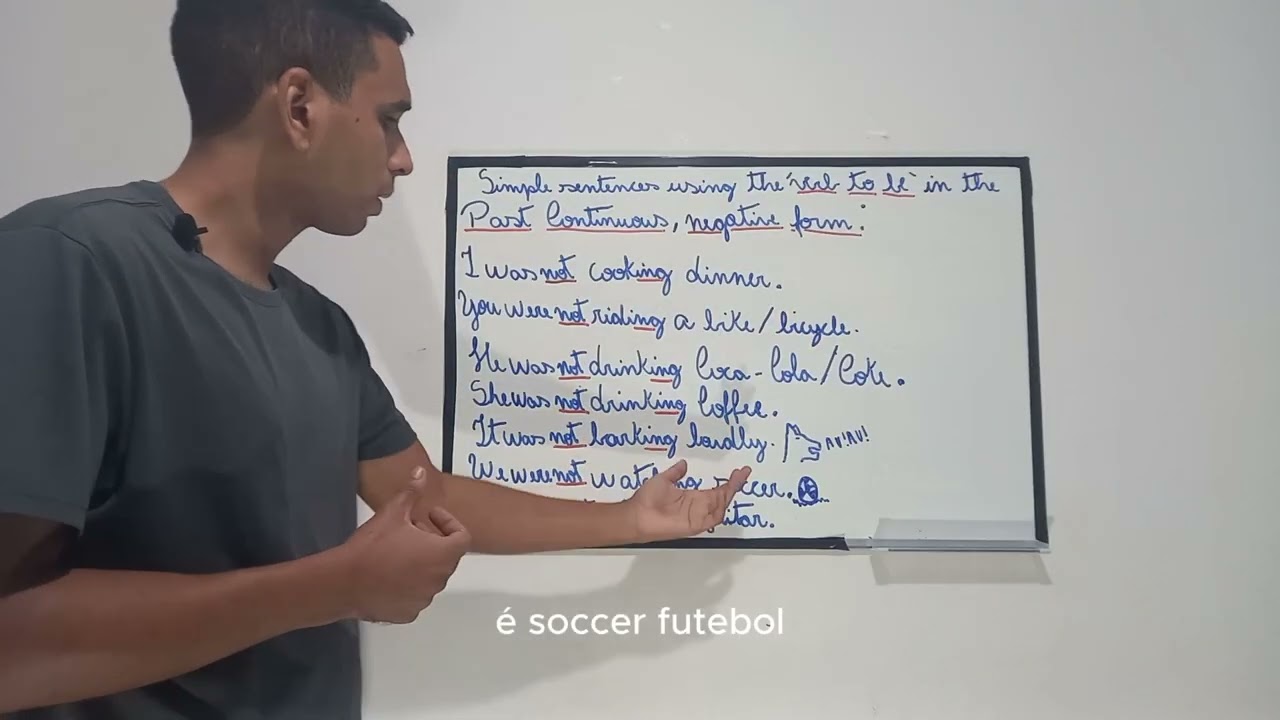 Aula 20: simple sentences, verb to be, Past Continuous, and the negative form.