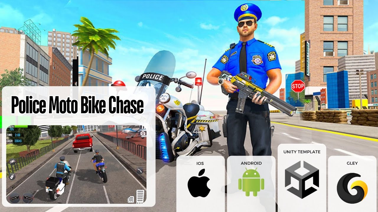 ✅ Unity template  - Crime City: Police Moto Bike Chase Games 3D