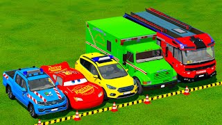 VOLKSWAGEN, MCQUEEN, DACIA POLICE CARS & MERCEDES FIRE TRUCK VEHICLES TRANSPORTING ! FS22 screenshot 5