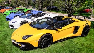 Lamborghini Invasion. Crazy Burnout, Accelerations and Revs at Cars \& Coffee Brescia 2017. Italy