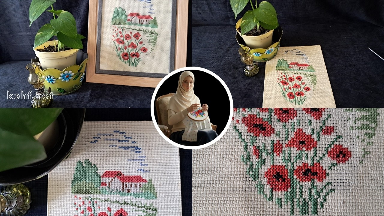 Gelincik Desenli Etamin Tablo | Nostaljik Gelincik ve Ev Temalı Etamin İşleme Tekniği